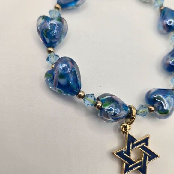 Star Of David Charm Beaded Bracelets Set Of 3 Blue Agate Glass Stones Judaica Ha - Picture 5 of 6